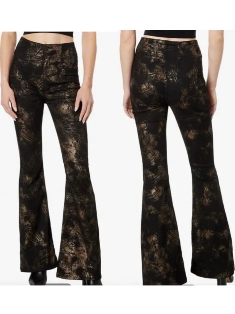 Free People Jayde Metallic High Rise Flare Leg Jeans In Black Tie Size 24 - Picture 14 of 14